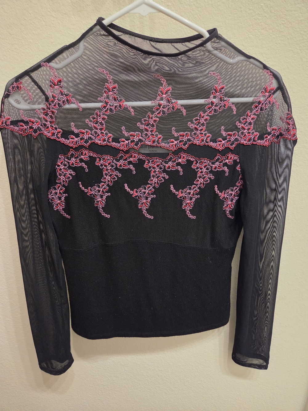 Adam Pour Eve Sheer Black Long-Sleeve Blouse with Pink Embroidered Yoke